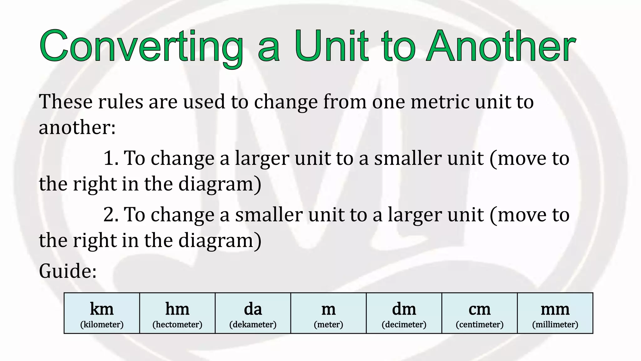 These rules are used to change from one metric unit to
another:
1. To change a larger unit to a smaller unit (move to
the right in the diagram)
2. To change a smaller unit to a larger unit (move to
the right in the diagram)
Guide:
km
(kilometer)
hm
(hectometer)
da
(dekameter)
m
(meter)
dm
(decimeter)
cm
(centimeter)
mm
(millimeter)
 