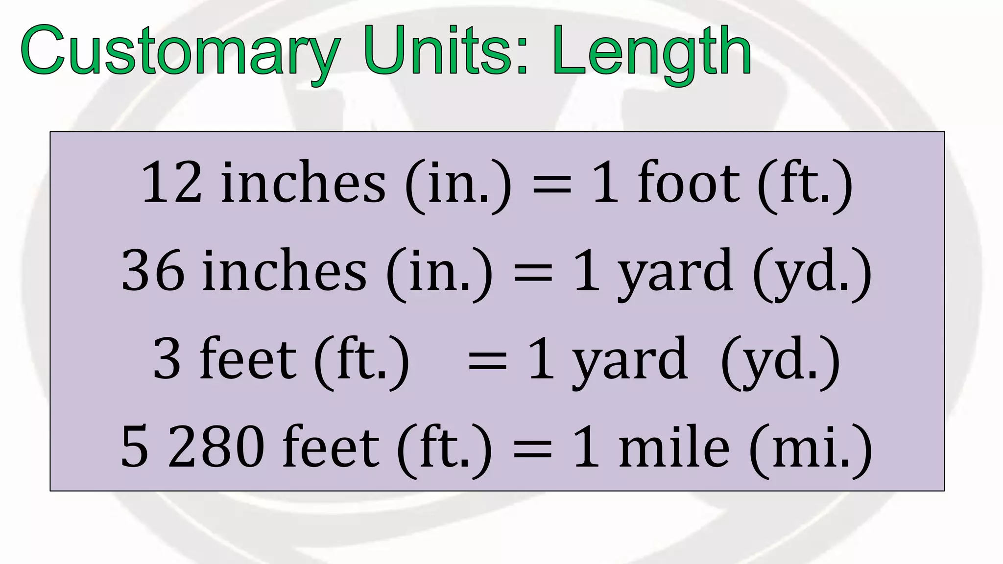 12 inches (in.) = 1 foot (ft.)
36 inches (in.) = 1 yard (yd.)
3 feet (ft.) = 1 yard (yd.)
5 280 feet (ft.) = 1 mile (mi.)
 