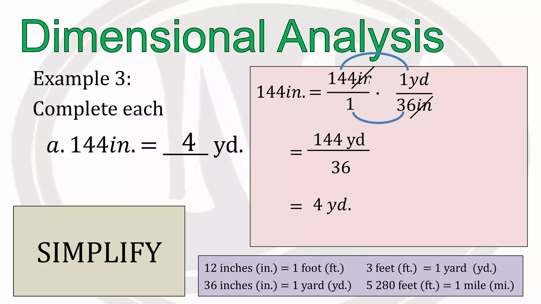 Example 3:
Complete each
12 inches (in.) = 1 foot (ft.) 3 feet (ft.) = 1 yard (yd.)
36 inches (in.) = 1 yard (yd.) 5 280 feet (ft.) = 1 mile (mi.)
𝑎. 144𝑖𝑛. = yd.
144𝑖𝑛. =
144𝑖𝑛
1
∙
1𝑦𝑑
36𝑖𝑛
Eliminate
and introduce
.
=
144 yd
36
CANCEL.. SIMPLIFY
4 𝑦𝑑.=
4
 