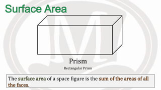 Prism
Rectangular Prism
The of a space figure is the
.
 