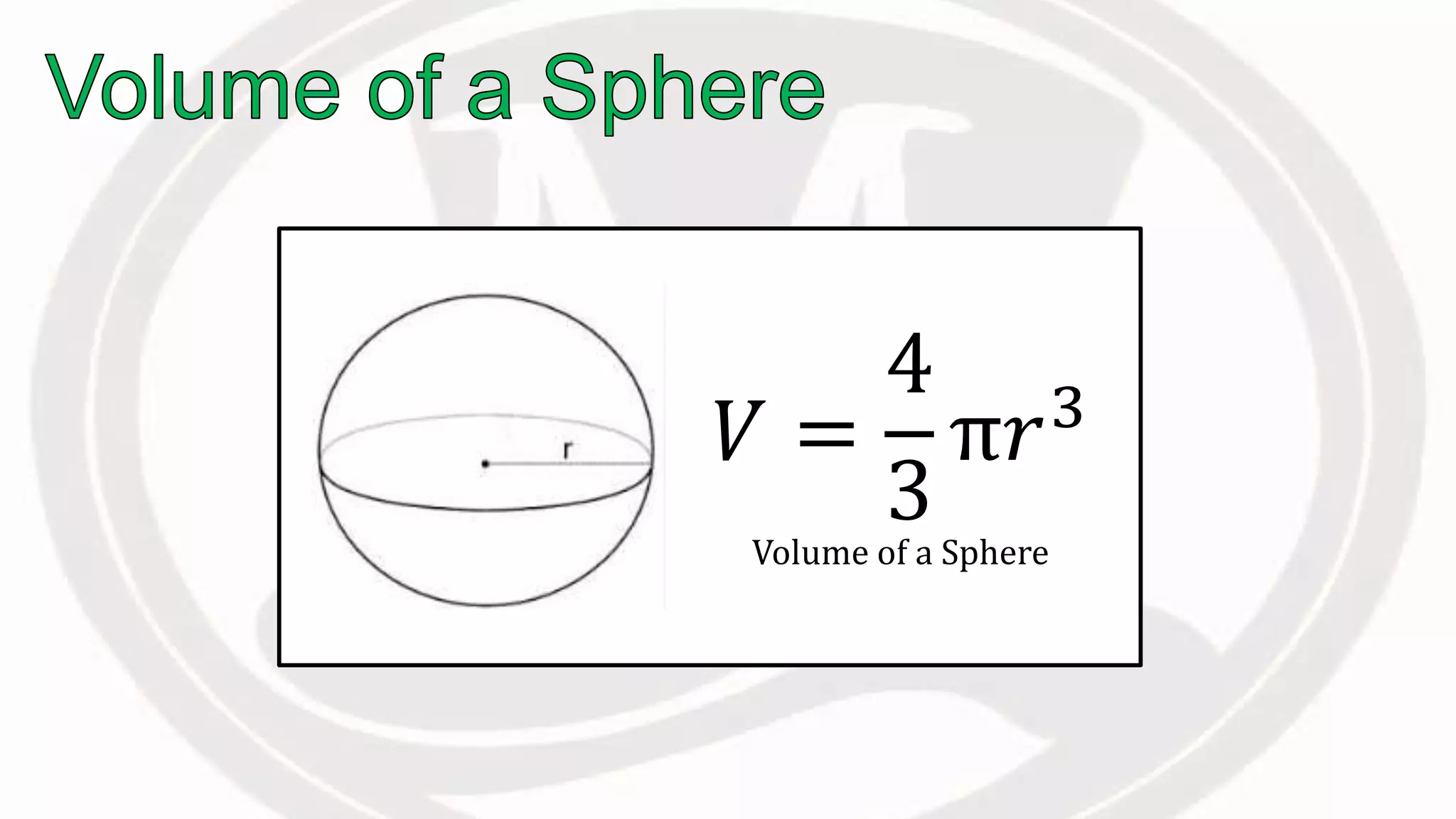 𝑉 =
4
3
π𝑟3
Volume of a Sphere