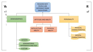 WHAT MAKES PEOPLE DIFFERENT FROM EACH OTHER
• People are different from each other because they are different in terms of
the following:
1. Demographics;
2. Aptitude and ability; and
3. Personality.
 