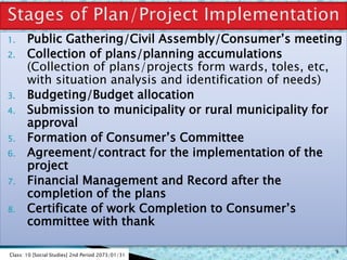 1. Public Gathering/Civil Assembly/Consumer’s meeting
2. Collection of plans/planning accumulations
(Collection of plans/projects form wards, toles, etc,
with situation analysis and identification of needs)
3. Budgeting/Budget allocation
4. Submission to municipality or rural municipality for
approval
5. Formation of Consumer’s Committee
6. Agreement/contract for the implementation of the
project
7. Financial Management and Record after the
completion of the plans
8. Certificate of work Completion to Consumer’s
committee with thank
Class: 10 [Social Studies] 2nd Period 2073/01/31
9
 