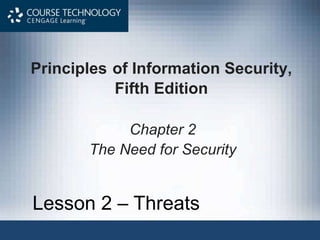 Principles of Information Security,
Fifth Edition
Chapter 2
The Need for Security
Lesson 2 – Threats
 