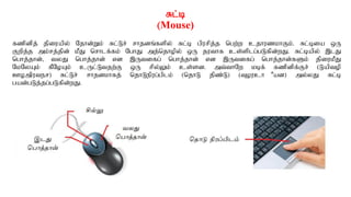 Rl;b
(Mouse)
fzpdpj; jpiuapy; Njhd;Wk; Rl;Lr; rhjdq;fspy; Rl;b gpurpj;j ngw;w cjhuzkhFk;. Rl;bia xU
Fwpj;j mk;rj;jpd; kPJ nrhlf;fk; NghJ mj;njhopy; xU juthf cs;splg;gLfpd;wJ. Rl;bapy; ,lJ
nghj;jhd;> tyJ nghj;jhd; vd ,Utifg; nghj;jhd; vd ,Utifg; nghj;jhd;fSk; jpiukPJ
NkNyAk; fPNoAk; cUl;Ltjw;F xU rpy;Yk; cs;sd. mt;thNw kbf; fzpdpf;Fr; (Laptop
Computer) Rl;Lr; rhjdkhfj; njhLepug;gplk; (njhL jpz;L) (Touch Pad) my;yJ Rl;b
gad;gLj;jg;gLfpd;wJ.
 