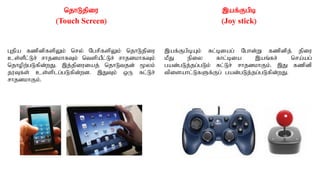 njhLjpiu
(Touch Screen)
Gjpa fzpdpfspYk; nry; NgrpfspYk; njhLjpiu
cs;sPl;Lr; rhjdkhfTk; ntspaPl;Lr; rhjdkhfTk;
njhopw;gLfpd;wJ. ,j;jpiuiaj; njhLtjd; %yk;
juTfs; cs;splg;gLfpd;wd. ,JTk; xU Rl;Lr;
rhjdkhFk;.
,af;Fgpb
(Joy stick)
,af;FgpbAk; Rl;biag; Nghd;W fzpdpj; jpiu
kPJ epiy fhl;bia ,aq;fr; nra;ag;
gad;gLj;jg;gLk; Rl;Lr; rhjdkhFk;. ,J fzpdp
tpisahl;LfSf;Fg; gad;gLj;jg;gLfpd;wJ.
 