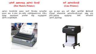 Gs;sp mikTU mr;Rg; nghwp
(Dot Matrix Printer)
mr;Rg; nghwpapd; jiy Crp Nghd;w $h;fspd;
%yk; ik cs;s ehlhtpy; gLfpd;wikahy; rpwpa
Fw;W tbtj;jy; jhspd; kPJ vOj;Jfs;
mr;rplg;gLfpd;wd.
thp mr;Rg;nghwp
(Line Printer)
xU jlit xU thp tPjk; mr;rpLk; ,g;nghwp
kpfTk; tpiuthd mr;Rg;nghwpahFk;. mJ xU
epkplj;jpw;F Vwj;jho 3000 thpfis
mr;rplj;jf;fJ.
 