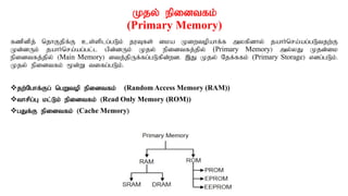 Kjy; epidtfk;
(Primary Memory)
fzpdpj; njhFjpf;F cs;splg;gLk; juTfs; ika Kiwtopahf;f myfpdhy; jahh;nra;ag;gLtjw;F
Kd;dUk; jahh;nra;ag;gl;l gpd;dUk; Kjy; epidtfj;jpy; (Primary Memory) my;yJ Kjd;ik
epidtfj;jpy; (Main Memory) itj;jpUf;fg;gLfpd;wd. ,J Kjy; Njf;ffk; (Primary Storage) vdg;gLk;.
Kjy; epidtfk; %d;W tifg;gLk;.
jw;Nghf;Fg; ngWtop epidtfk; (Random Access Memory (RAM))
thrpg;G kl;Lk; epidtfk; (Read Only Memory (ROM))
gJf;F epidtfk; (Cache Memory)
 