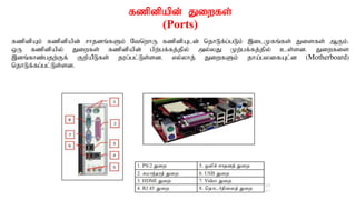 fzpdpapd; Jiwfs;
(Ports)
fzpdpAk; fzpdpapd; rhjdq;fSk; NtnwhU fzpdpAld; njhLf;g;gLk; ,ilKfq;fs; Jisfs; MFk;.
xU fzpdpapy; Jiwfs; fzpdpapd; gpw;gf;fj;jpy; my;yJ Kw;gf;fj;jpy; cs;sd. Jiwfis
,dq;fhz;gjw;Ff; FwpaPLfs; jug;gl;Ls;sd. vy;yhj; JiwfSk; jha;gyifAl;d (Motherboard)
njhLf;fg;gl;Ls;sd.
 