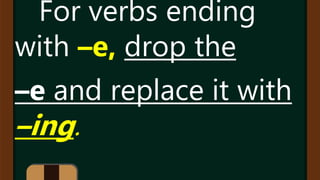 For verbs ending
with –e, drop the
–e and replace it with
–ing.
 