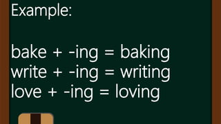 Example:
bake + -ing = baking
write + -ing = writing
love + -ing = loving
 