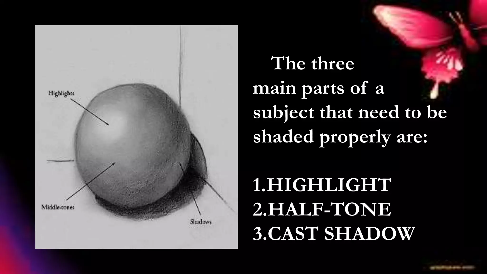 The three
main parts of a
subject that need to be
shaded properly are:
1.HIGHLIGHT
2.HALF-TONE
3.CAST SHADOW
 