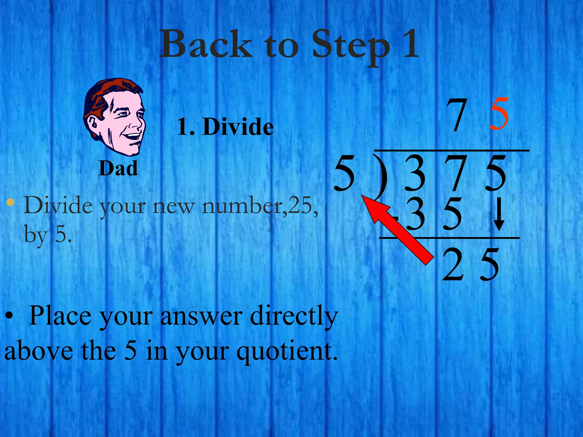 Back to Step 1
• Divide your new number,25,
by 5.
5 ) 3 7 5
• Place your answer directly
above the 5 in your quotient.
7
1. Divide
3 5
2 5
Dad
5
 