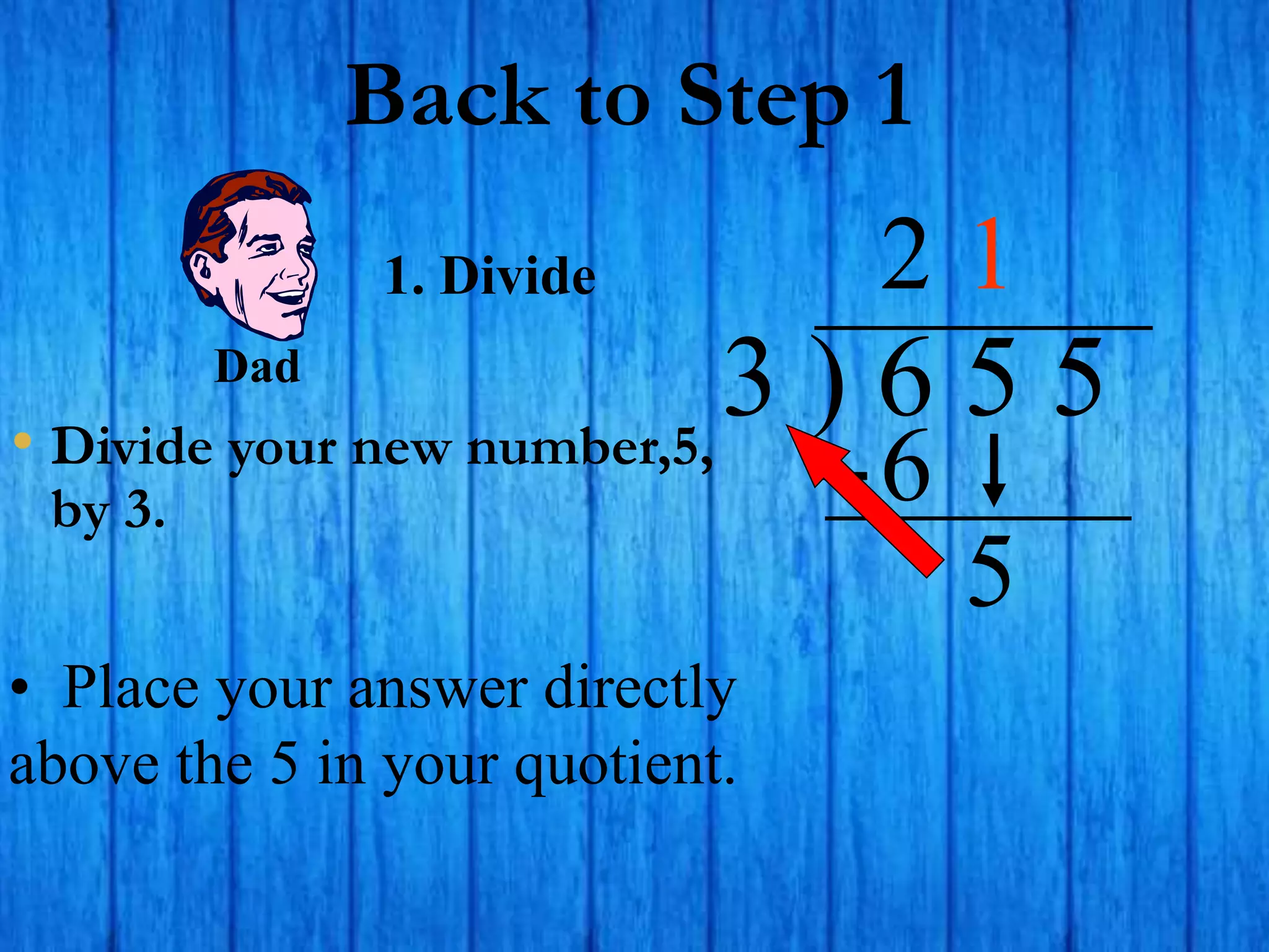 Back to Step 1
• Divide your new number,5,
by 3.
3 ) 6 5 5
• Place your answer directly
above the 5 in your quotient.
2
1. Divide
6
5
Dad
1
 