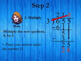 Step 2
• Multiply the new quotient,
8, by 3.
3 ) 6 5 5
2
2. Multiply
6
5
1
3
2 5
• Place your answer under
the number 25.
8
Mom
2 4
 