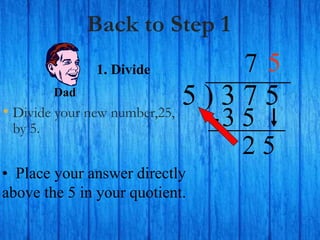 Back to Step 1
• Divide your new number,25,
by 5.
5 ) 3 7 5
• Place your answer directly
above the 5 in your quotient.
7
1. Divide
3 5
2 5
Dad
5
 