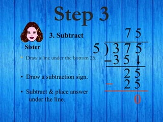 Step 3
• Draw a line under the bottom 25.
5 ) 3 7 5
• Draw a subtraction sign.
7
3. Subtract
3 5
2 5
5
2 5
Sister
• Subtract & place answer
under the line. 0
 