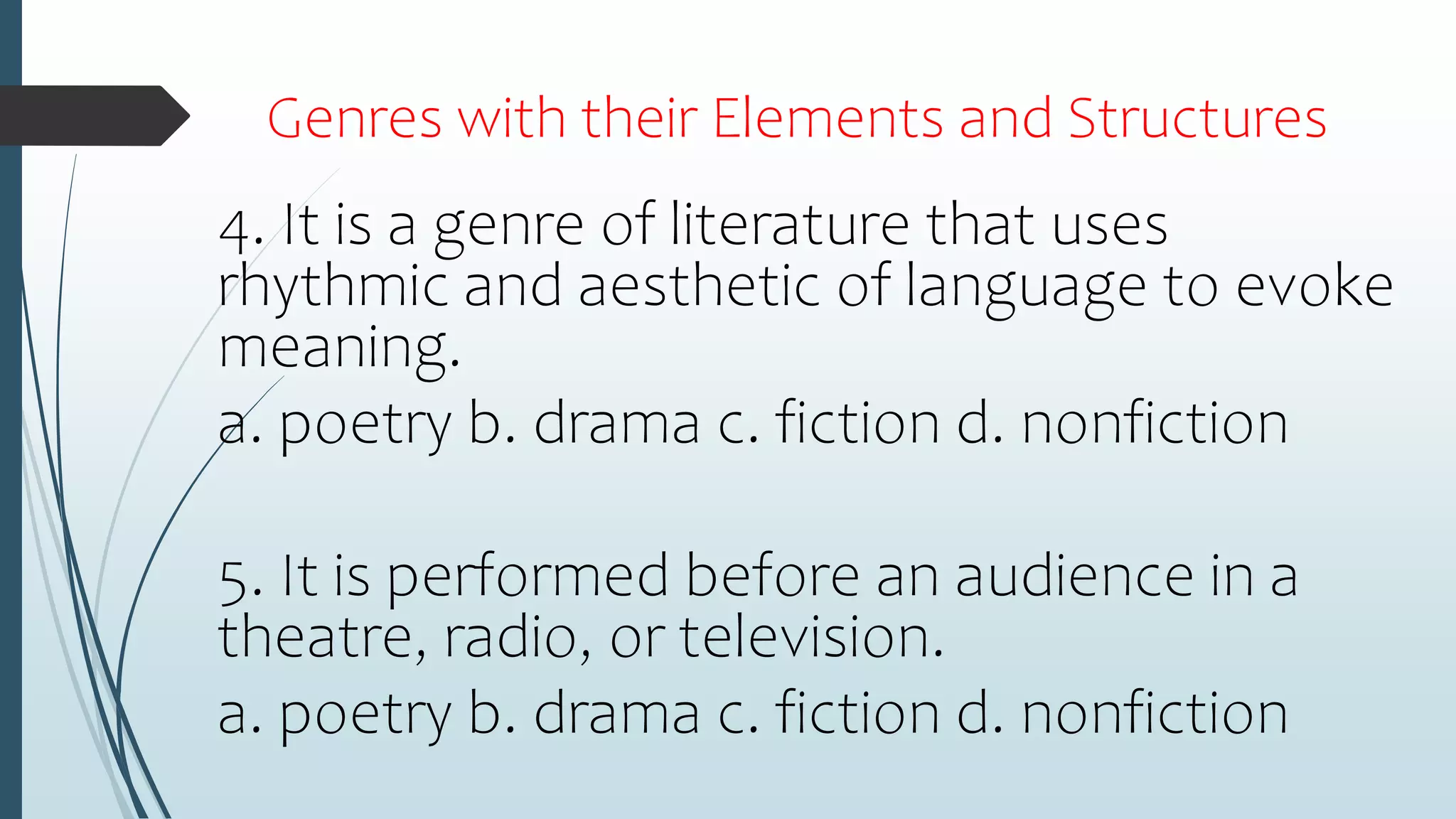 Genres with their Elements and Structures
4. It is a genre of literature that uses
rhythmic and aesthetic of language to evoke
meaning.
a. poetry b. drama c. fiction d. nonfiction
5. It is performed before an audience in a
theatre, radio, or television.
a. poetry b. drama c. fiction d. nonfiction
 