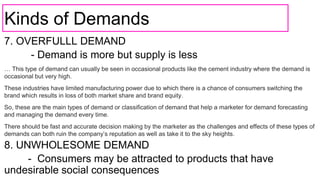 Kinds of Demands
7. OVERFULLL DEMAND
- Demand is more but supply is less
… This type of demand can usually be seen in occasional products like the cement industry where the demand is
occasional but very high.
These industries have limited manufacturing power due to which there is a chance of consumers switching the
brand which results in loss of both market share and brand equity.
So, these are the main types of demand or classification of demand that help a marketer for demand forecasting
and managing the demand every time.
There should be fast and accurate decision making by the marketer as the challenges and effects of these types of
demands can both ruin the company’s reputation as well as take it to the sky heights.
8. UNWHOLESOME DEMAND
- Consumers may be attracted to products that have
undesirable social consequences
 