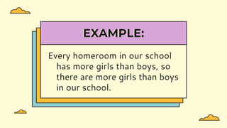 EXAMPLE:
Every homeroom in our school
has more girls than boys, so
there are more girls than boys
in our school.
 