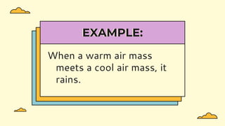 EXAMPLE:
When a warm air mass
meets a cool air mass, it
rains.
 