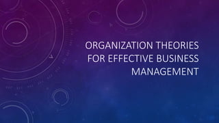 ORGANIZATION THEORIES
FOR EFFECTIVE BUSINESS
MANAGEMENT
 