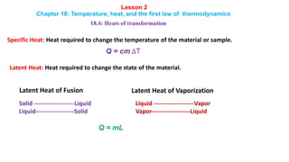 Lesson 2
Chapter 18: Temperature, heat, and the first law of thermodynamics
18.4: Heats of transformation
Specific Heat: Heat required to change the temperature of the material or sample.
Q = cm ∆T
Latent Heat: Heat required to change the state of the material.
Solid --------------------Liquid
Liquid-------------------Solid
Liquid --------------------Vapor
Vapor-------------------Liquid
Q = mL
Latent Heat of Fusion Latent Heat of Vaporization
 