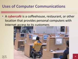 Uses of Computer Communications
• A cybercafé is a coffeehouse, restaurant, or other
location that provides personal computers with
Internet access to its customers
Discovering Computers 2012: Chapter 9 10
Page 466
Figure 9-5
 
