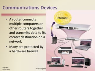 Communications Devices
• A router connects
multiple computers or
other routers together
and transmits data to its
correct destination on a
network
• Many are protected by
a hardware firewall
Discovering Computers 2012: Chapter 9
43
Page 488
Figure 9-31
 