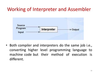 Working of Interpreter and Assembler
• Both compiler and interpreters do the same job i.e.,
converting higher level programming language to
machine code but their method of execution is
different.
18
 