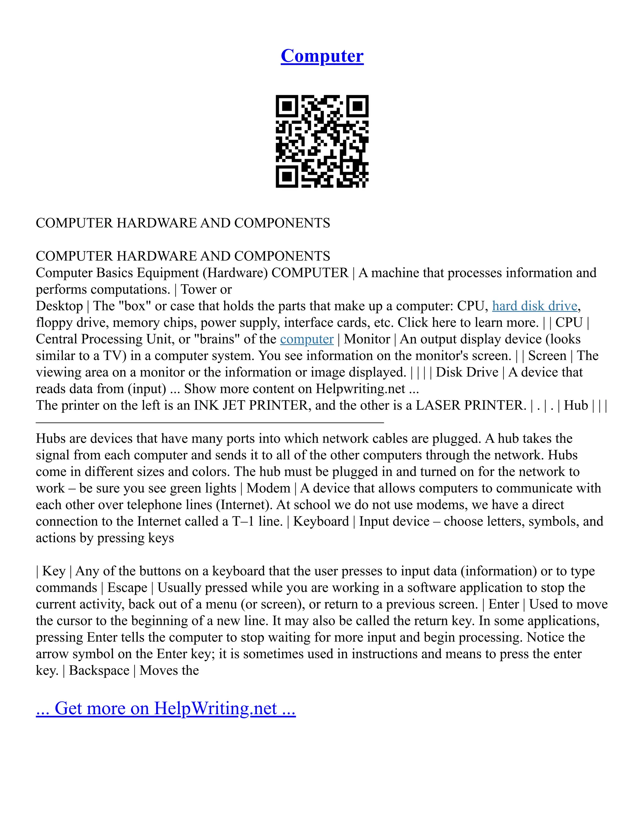 Computer
COMPUTER HARDWARE AND COMPONENTS
COMPUTER HARDWARE AND COMPONENTS
Computer Basics Equipment (Hardware) COMPUTER | A machine that processes information and
performs computations. | Tower or
Desktop | The "box" or case that holds the parts that make up a computer: CPU, hard disk drive,
floppy drive, memory chips, power supply, interface cards, etc. Click here to learn more. | | CPU |
Central Processing Unit, or "brains" of the computer | Monitor | An output display device (looks
similar to a TV) in a computer system. You see information on the monitor's screen. | | Screen | The
viewing area on a monitor or the information or image displayed. | | | | Disk Drive | A device that
reads data from (input) ... Show more content on Helpwriting.net ...
The printer on the left is an INK JET PRINTER, and the other is a LASER PRINTER. | . | . | Hub | | |
–––––––––––––––––––––––––––––––––––––––––––––––––
Hubs are devices that have many ports into which network cables are plugged. A hub takes the
signal from each computer and sends it to all of the other computers through the network. Hubs
come in different sizes and colors. The hub must be plugged in and turned on for the network to
work – be sure you see green lights | Modem | A device that allows computers to communicate with
each other over telephone lines (Internet). At school we do not use modems, we have a direct
connection to the Internet called a T–1 line. | Keyboard | Input device – choose letters, symbols, and
actions by pressing keys
| Key | Any of the buttons on a keyboard that the user presses to input data (information) or to type
commands | Escape | Usually pressed while you are working in a software application to stop the
current activity, back out of a menu (or screen), or return to a previous screen. | Enter | Used to move
the cursor to the beginning of a new line. It may also be called the return key. In some applications,
pressing Enter tells the computer to stop waiting for more input and begin processing. Notice the
arrow symbol on the Enter key; it is sometimes used in instructions and means to press the enter
key. | Backspace | Moves the
... Get more on HelpWriting.net ...
 