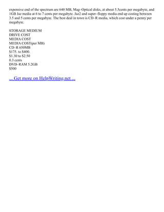 expensive end of the spectrum are 640 MB, Mag–Optical disks, at about 5.5cents per megabyte, and
1GB Jaz media at 6 to 7 cents per megabyte. Jaz2 and super–floppy media end up costing between
3.5 and 5 cents per megabyte. The best deal in town is CD–R media, which cost under a penny per
megabyte.
STORAGE MEDIUM
DRIVE COST
MEDIA COST
MEDIA COST(per MB)
CD–R 650MB
$175. to $400.
$1.30 to $2.50
0.3 cents
DVD–RAM 5.2GB
$500
... Get more on HelpWriting.net ...
 