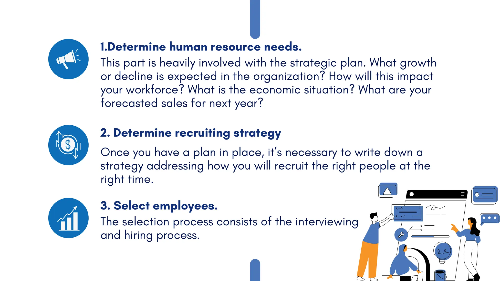1.Determine human resource needs.
2. Determine recruiting strategy
3. Select employees.
This part is heavily involved with the strategic plan. What growth
or decline is expected in the organization? How will this impact
your workforce? What is the economic situation? What are your
forecasted sales for next year?
Once you have a plan in place, it’s necessary to write down a
strategy addressing how you will recruit the right people at the
right time.
The selection process consists of the interviewing
and hiring process.
 