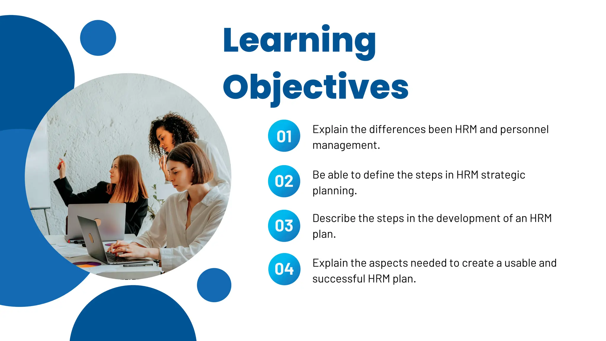 Learning
Objectives
Explain the differences been HRM and personnel
management.
01
03
Be able to define the steps in HRM strategic
planning.
Describe the steps in the development of an HRM
plan.
Explain the aspects needed to create a usable and
successful HRM plan.
02
04
 