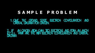 ORBITAL D
I
A
G
R
A
M F
O
R O
X
Y
G
E
N
.
1.GIVE T
H
E G
R
O
U
N
D S
T
A
T
E E
L
E
C
T
R
O
N C
O
N
F
I
G
U
R
A
T
I
O
N A
N
D
2. IF A
N O
X
Y
G
E
N A
T
O
M G
A
I
N T
E
O E
L
E
C
T
R
O
N
S A
N
D F
O
R
M A
N A
N
I
O
N
(O^2-), W
H
A
T A
R
E T
H
E N
E
W E
L
E
C
T
R
O
N C
O
N
F
I
G
U
R
A
T
I
O
N A
N
D ORBITAL
D
I
A
G
R
A
M
S A M P L E P R O B L E M
 