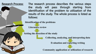 Research Process: The research process describes the various steps
the study will pass through starting from
identification of the problem to utilization of the
results of the study. The whole process is listed as
follows:
Identification of the problems
Literature review
Setting the direction of the study
Collecting, analyzing, and interpreting data
Evaluation and reporting writing
Community application or utilization of research
 