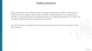 Problem Statement
Super Warehouse uses multiple vendors to supply and maintain its 5,000+ forklifts at all its
locations across the globe. Over the last six months, forklift expense for the company was
$16.5M. An audit performed on the billing revealed a very high percentage of errors which has
resulted in significantly large overpayments to vendors.
Your team has been assigned the task to identify the cause of the errors in the process and
find a solution.
 
