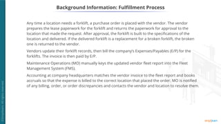 Background Information: Fulfillment Process
Any time a location needs a forklift, a purchase order is placed with the vendor. The vendor
prepares the lease paperwork for the forklift and returns the paperwork for approval to the
location that made the request. After approval, the forklift is built to the specifications of the
location and delivered. If the delivered forklift is a replacement for a broken forklift, the broken
one is returned to the vendor.
Vendors update their forklift records, then bill the company’s Expenses/Payables (E/P) for the
forklifts. The invoice is then paid by E/P.
Maintenance Operations (MO) manually keys the updated vendor fleet report into the Fleet
Management System (FMS).
Accounting at company headquarters matches the vendor invoice to the fleet report and books
accruals so that the expense is billed to the correct location that placed the order. MO is notified
of any billing, order, or order discrepancies and contacts the vendor and location to resolve them.
 