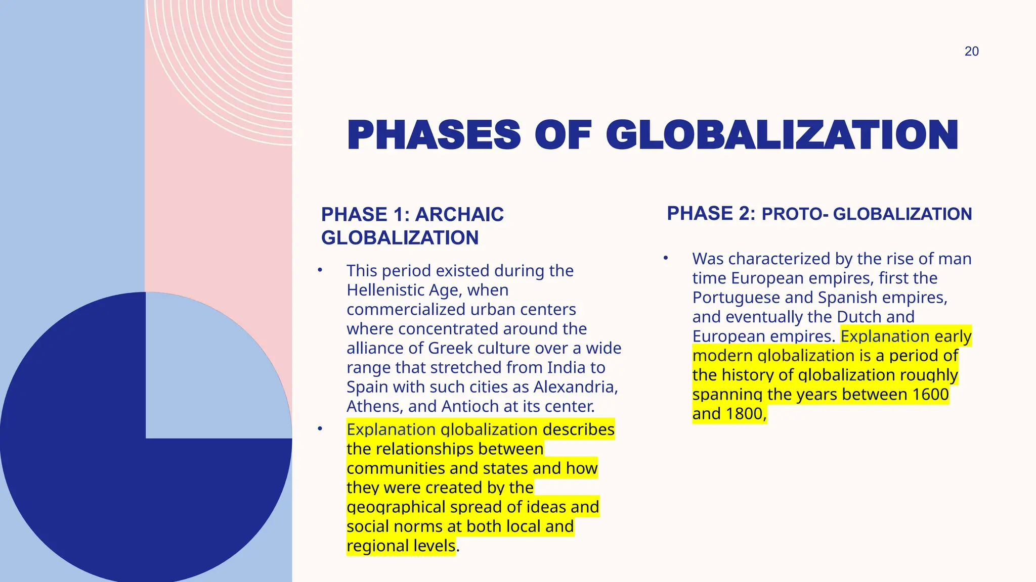 20
PHASES OF GLOBALIZATION
PHASE 1: ARCHAIC
GLOBALIZATION
PHASE 2: PROTO- GLOBALIZATION
• This period existed during the
Hellenistic Age, when
commercialized urban centers
where concentrated around the
alliance of Greek culture over a wide
range that stretched from India to
Spain with such cities as Alexandria,
Athens, and Antioch at its center.
• Explanation globalization describes
the relationships between
communities and states and how
they were created by the
geographical spread of ideas and
social norms at both local and
regional levels.
• Was characterized by the rise of man
time European empires, first the
Portuguese and Spanish empires,
and eventually the Dutch and
European empires. Explanation early
modern globalization is a period of
the history of globalization roughly
spanning the years between 1600
and 1800,
 