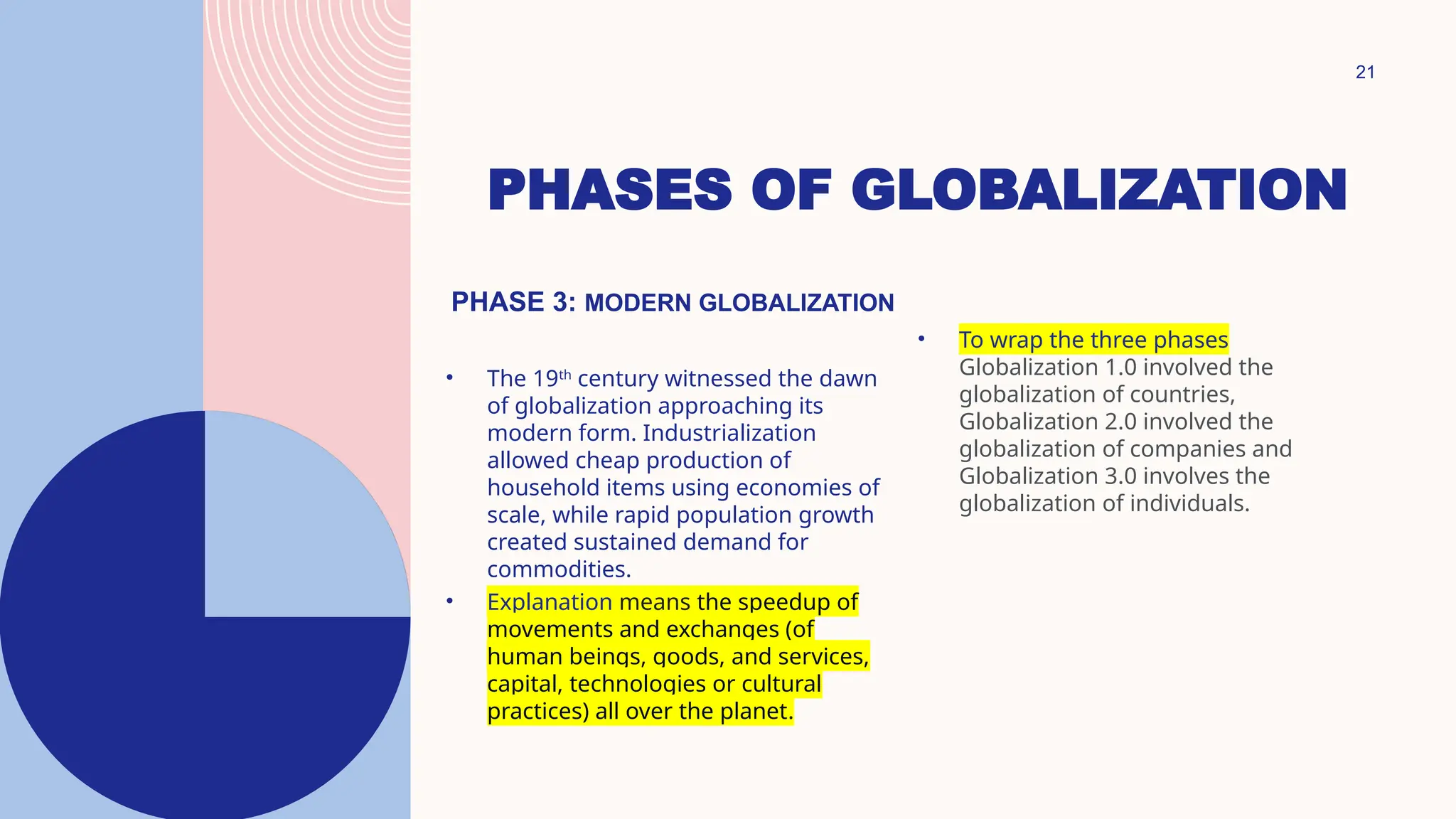 21
PHASES OF GLOBALIZATION
PHASE 3: MODERN GLOBALIZATION
• The 19th
century witnessed the dawn
of globalization approaching its
modern form. Industrialization
allowed cheap production of
household items using economies of
scale, while rapid population growth
created sustained demand for
commodities.
• Explanation means the speedup of
movements and exchanges (of
human beings, goods, and services,
capital, technologies or cultural
practices) all over the planet.
• To wrap the three phases
Globalization 1.0 involved the
globalization of countries,
Globalization 2.0 involved the
globalization of companies and
Globalization 3.0 involves the
globalization of individuals.
 