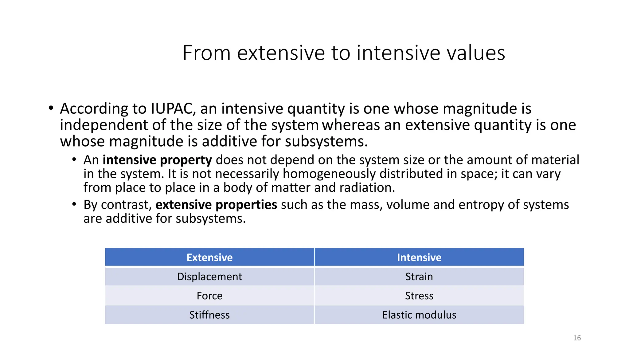 From extensive to intensive values
• According to IUPAC, an intensive quantity is one whose magnitude is
independent of the size of the systemwhereas an extensive quantity is one
whose magnitude is additive for subsystems.
• An intensive property does not depend on the system size or the amount of material
in the system. It is not necessarily homogeneously distributed in space; it can vary
from place to place in a body of matter and radiation.
• By contrast, extensive properties such as the mass, volume and entropy of systems
are additive for subsystems.
16
Extensive Intensive
Displacement Strain
Force Stress
Stiffness Elastic modulus
 
