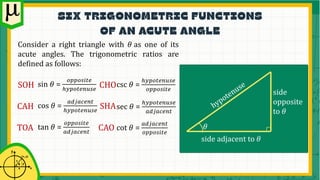Consider a right triangle with 𝜃 as one of its
acute angles. The trigonometric ratios are
defined as follows:
sin 𝜃 =
𝑜𝑝𝑝𝑜𝑠𝑖𝑡𝑒
ℎ𝑦𝑝𝑜𝑡𝑒𝑛𝑢𝑠𝑒
cos 𝜃 =
𝑎𝑑𝑗𝑎𝑐𝑒𝑛𝑡
ℎ𝑦𝑝𝑜𝑡𝑒𝑛𝑢𝑠𝑒
tan 𝜃 =
𝑜𝑝𝑝𝑜𝑠𝑖𝑡𝑒
𝑎𝑑𝑗𝑎𝑐𝑒𝑛𝑡
csc 𝜃 =
ℎ𝑦𝑝𝑜𝑡𝑒𝑛𝑢𝑠𝑒
𝑜𝑝𝑝𝑜𝑠𝑖𝑡𝑒
sec 𝜃 =
ℎ𝑦𝑝𝑜𝑡𝑒𝑛𝑢𝑠𝑒
𝑎𝑑𝑗𝑎𝑐𝑒𝑛𝑡
cot 𝜃 =
𝑎𝑑𝑗𝑎𝑐𝑒𝑛𝑡
𝑜𝑝𝑝𝑜𝑠𝑖𝑡𝑒
SOH
CAH
TOA
CHO
SHA
CAO 𝜃
side adjacent to 𝜃
side
opposite
to 𝜃
 