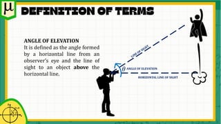 ANGLE OF ELEVATION
It is defined as the angle formed
by a horizontal line from an
observer’s eye and the line of
sight to an object above the
horizontal line.
𝜃ANGLE OF ELEVATION
HORIZONTAL LINE OF SIGHT
 