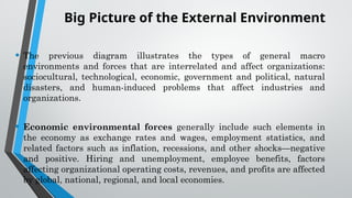 Big Picture of the External Environment
• The previous diagram illustrates the types of general macro
environments and forces that are interrelated and affect organizations:
sociocultural, technological, economic, government and political, natural
disasters, and human-induced problems that affect industries and
organizations.
• Economic environmental forces generally include such elements in
the economy as exchange rates and wages, employment statistics, and
related factors such as inflation, recessions, and other shocks—negative
and positive. Hiring and unemployment, employee benefits, factors
affecting organizational operating costs, revenues, and profits are affected
by global, national, regional, and local economies.
 