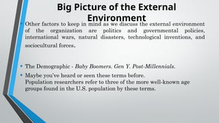 Big Picture of the External
Environment
• Other factors to keep in mind as we discuss the external environment
of the organization are politics and governmental policies,
international wars, natural disasters, technological inventions, and
sociocultural forces.
• The Demographic - Baby Boomers. Gen Y. Post-Millennials.
• Maybe you’ve heard or seen these terms before.
Population researchers refer to three of the more well-known age
groups found in the U.S. population by these terms.
 