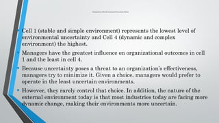 Examination of the Environmental Uncertainty Matrix
• Cell 1 (stable and simple environment) represents the lowest level of
environmental uncertainty and Cell 4 (dynamic and complex
environment) the highest.
• Managers have the greatest influence on organizational outcomes in cell
1 and the least in cell 4.
• Because uncertainty poses a threat to an organization’s effectiveness,
managers try to minimize it. Given a choice, managers would prefer to
operate in the least uncertain environments.
• However, they rarely control that choice. In addition, the nature of the
external environment today is that most industries today are facing more
dynamic change, making their environments more uncertain.
 