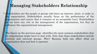 Managing Stakeholders Relationship
• Stakeholders are the people or groups who have an interest, claim, or stake in
the organization. Stakeholders usually focus on the performance of the
organization and ensure that it remains at an acceptable level. Stakeholders
do not have any role in the management of the organization, but they do
influence the organizational management.
• The figure on the previous page identifies the most common stakeholders that
an organization might have to deal with. Note that these stakeholders include
internal and external groups. Why? Because both can affect what an
organization does and how it operates.
 