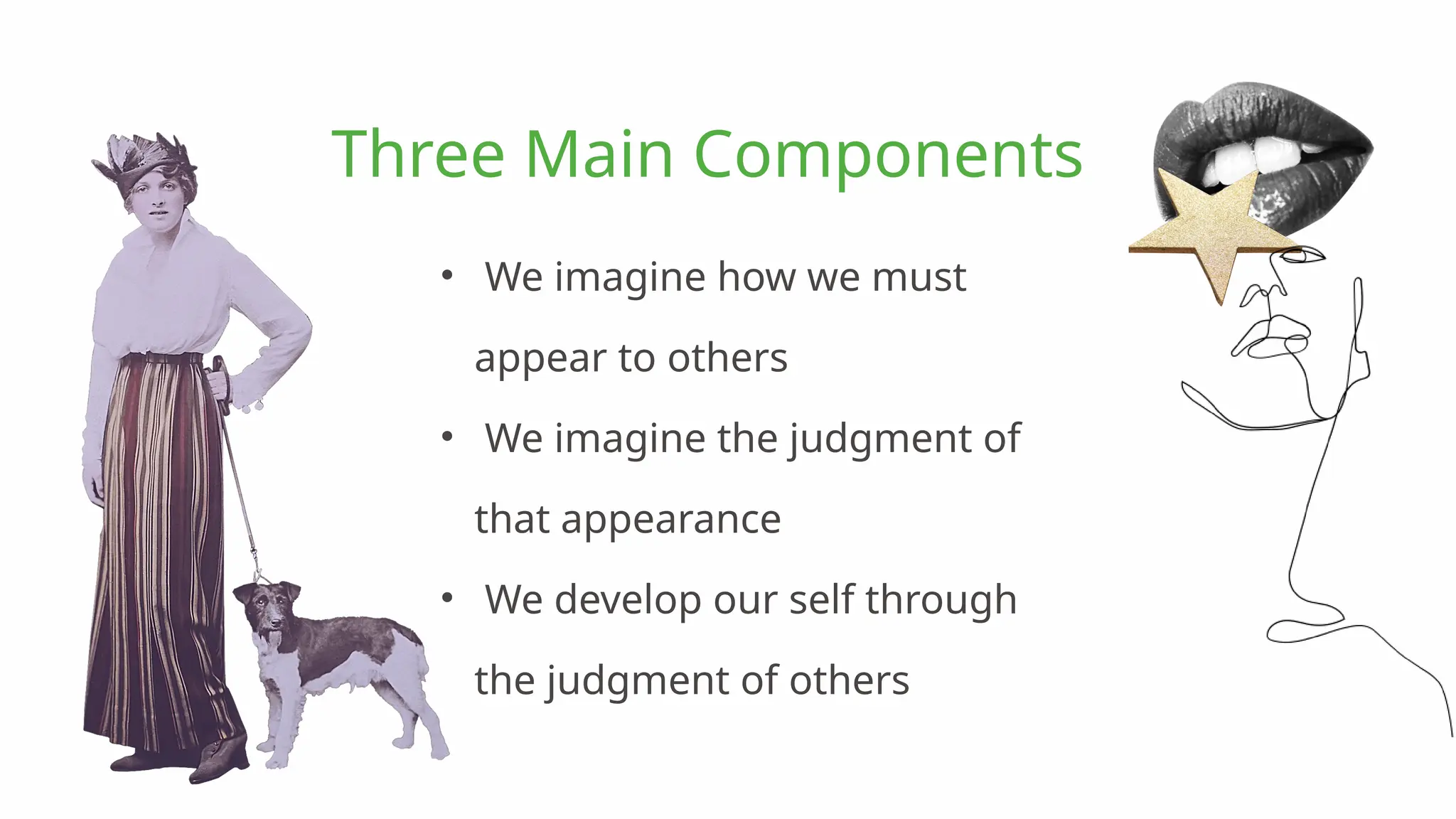 • We imagine how we must
appear to others
• We imagine the judgment of
that appearance
• We develop our self through
the judgment of others
Three Main Components
 