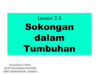 Lesson 2.3
           Sokongan
             dalam
           Tumbuhan
   Disediakan Oleh:
 NUR SUHAIDAH SUKOR
SMK SANDAKAN, SABAH
 