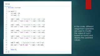 In the code, different
assignment operators
are used to modify
the value of num1
based on num2 and
display the updated
values.
 